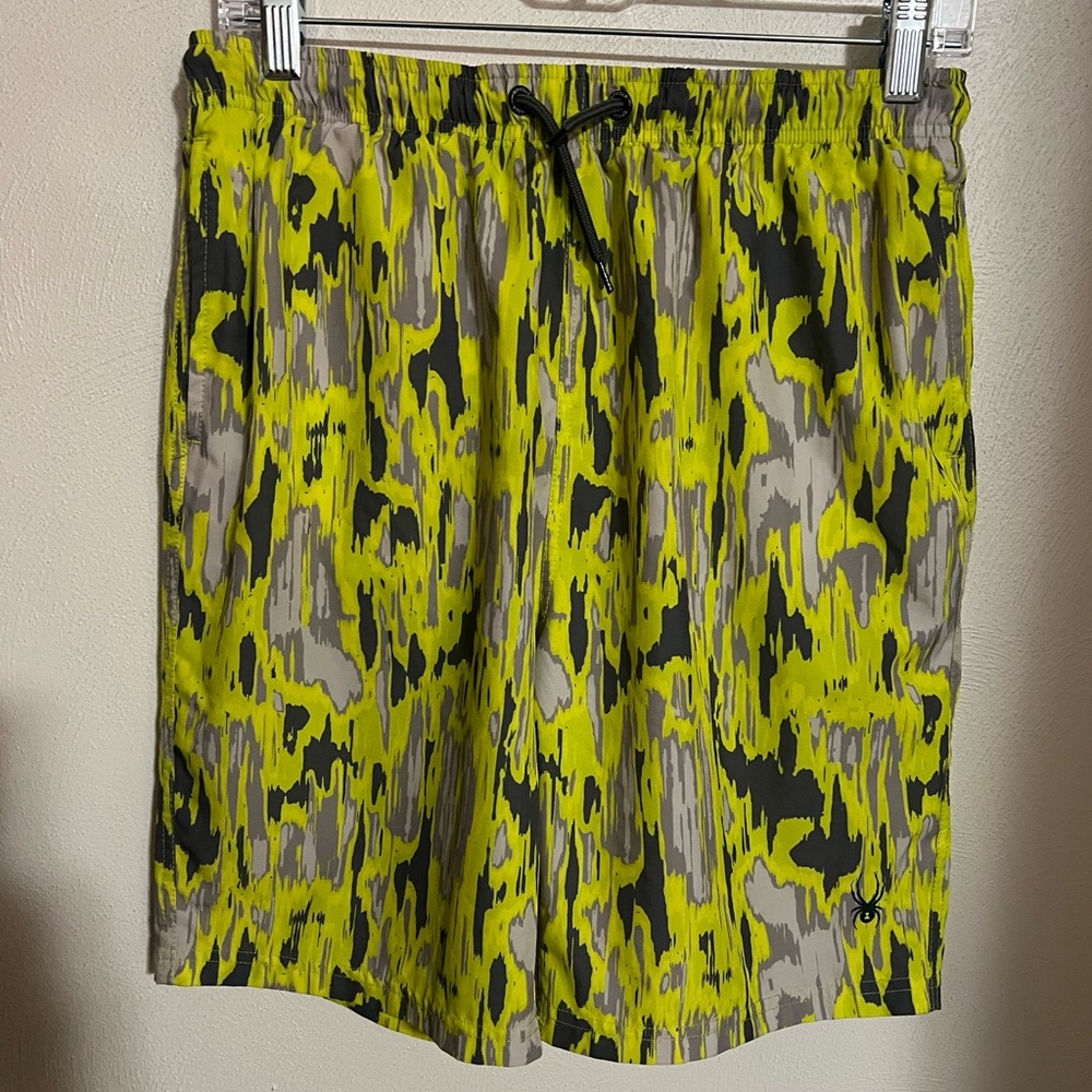 SPYDER Abstract Camo Print Drawstring Pockets Swim Trunks Yellow‎ Grey Boy's XL